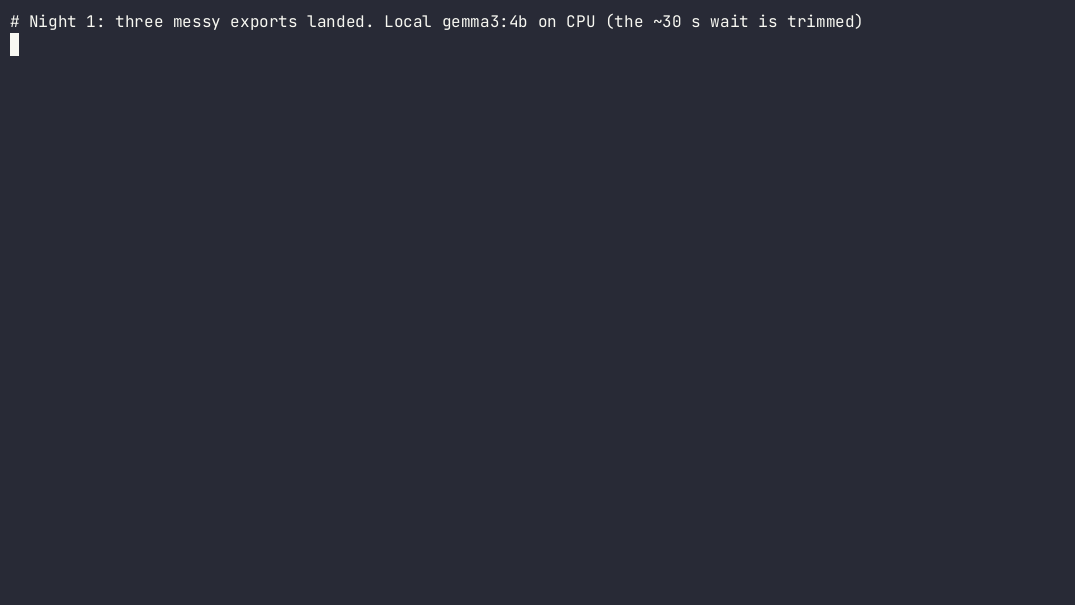 Terminal demo: a messy night summarized by local gemma3:4b, then a clean second night